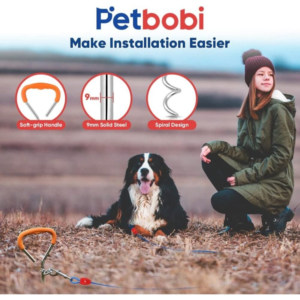 Petbobi Dog Tie-Out Cable and Stake - 15FT Heavy Duty Cable with Spring